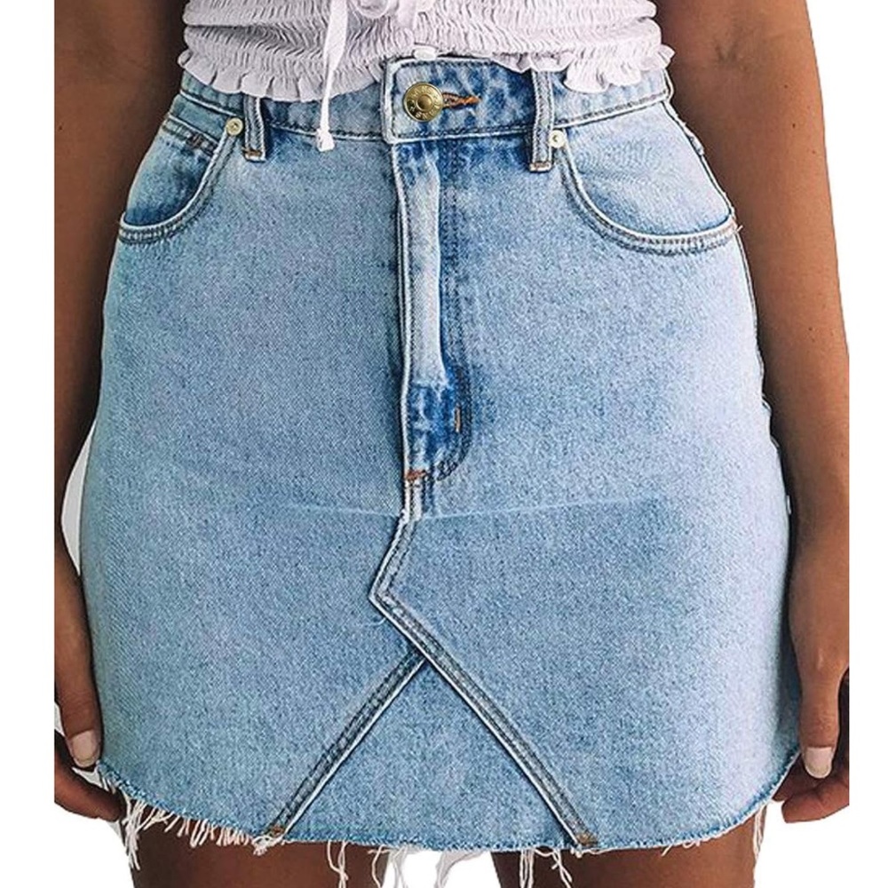 Just Quella Women's High Waisted Jean Skirt Fringed Slim Fit Denim Mini Skirt M